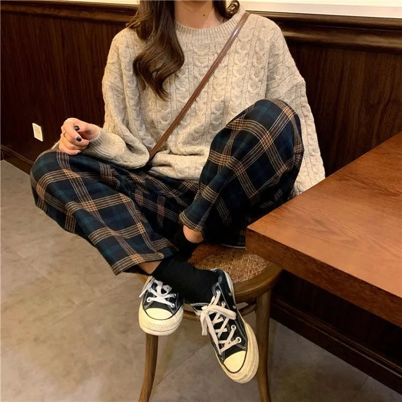 Fleece Plaid Pants Women Fashion Autumn Winter Thick Casual Trousers Loose Straight High Waist Wide Leg Pants Office Woman Pants LANFUBEISI