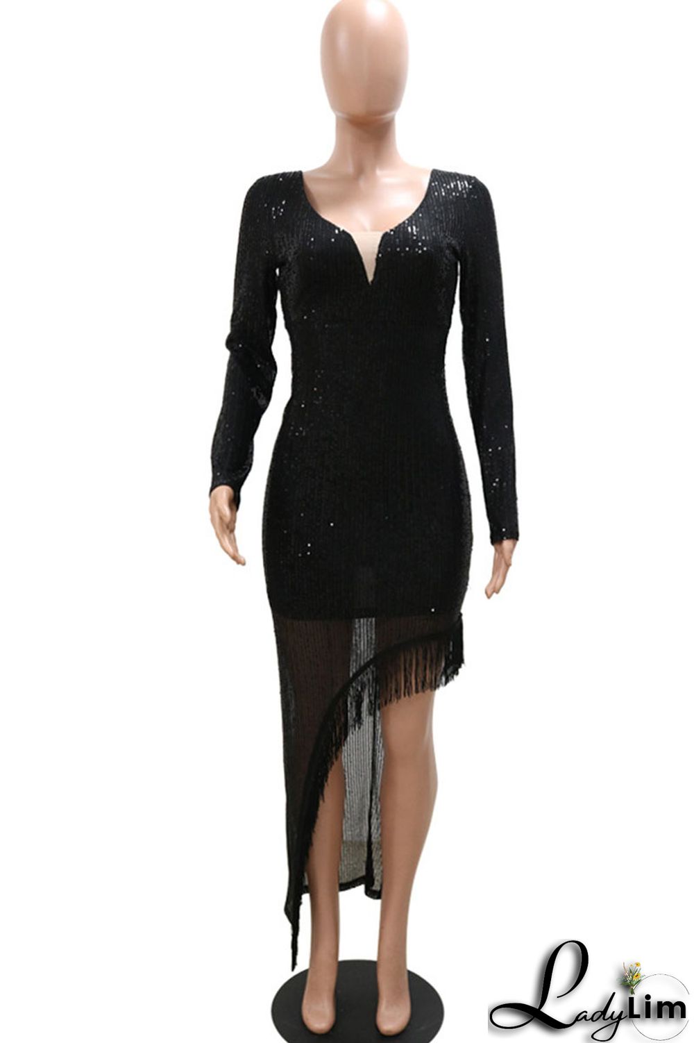 Black Elegant Solid Tassel Sequins Split Joint V Neck Irregular Dress Dresses