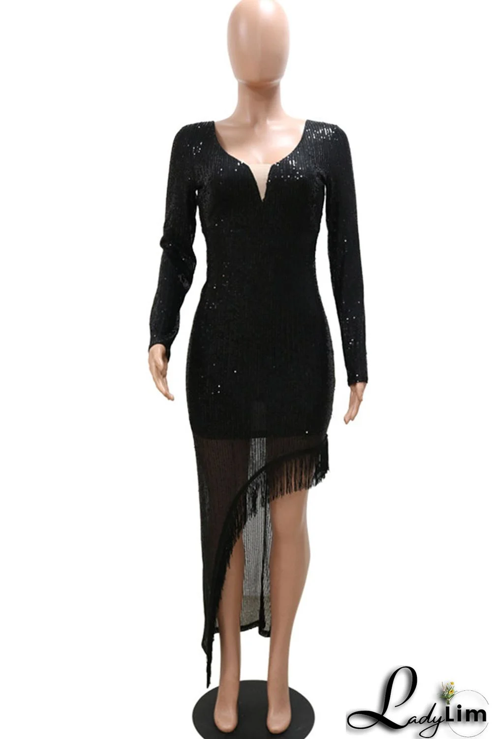 Black Elegant Solid Tassel Sequins Split Joint V Neck Irregular Dress Dresses