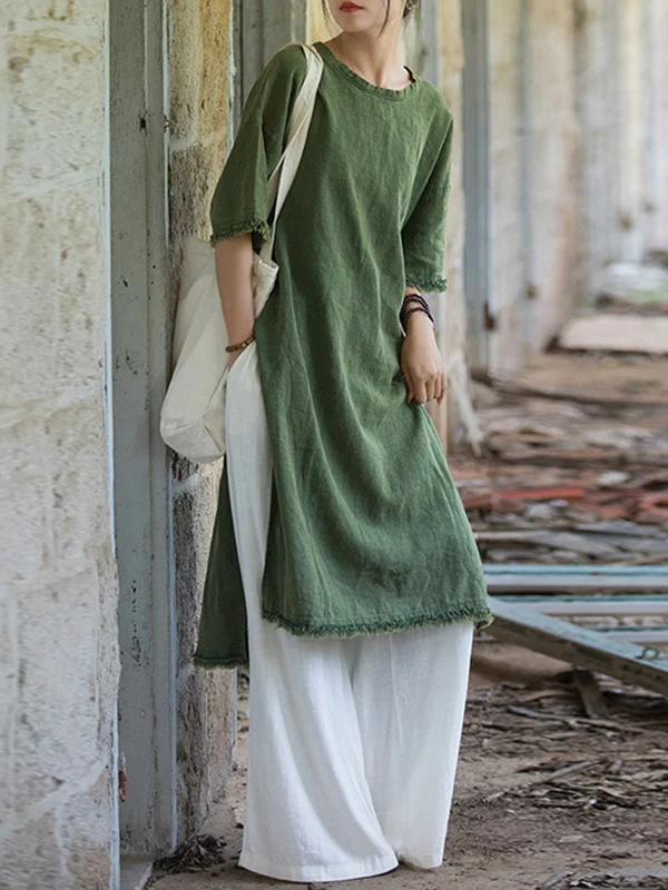 Half Sleeves High-low Fringed Solid Color Split-Joint Split-side Round-neck Midi Dresses