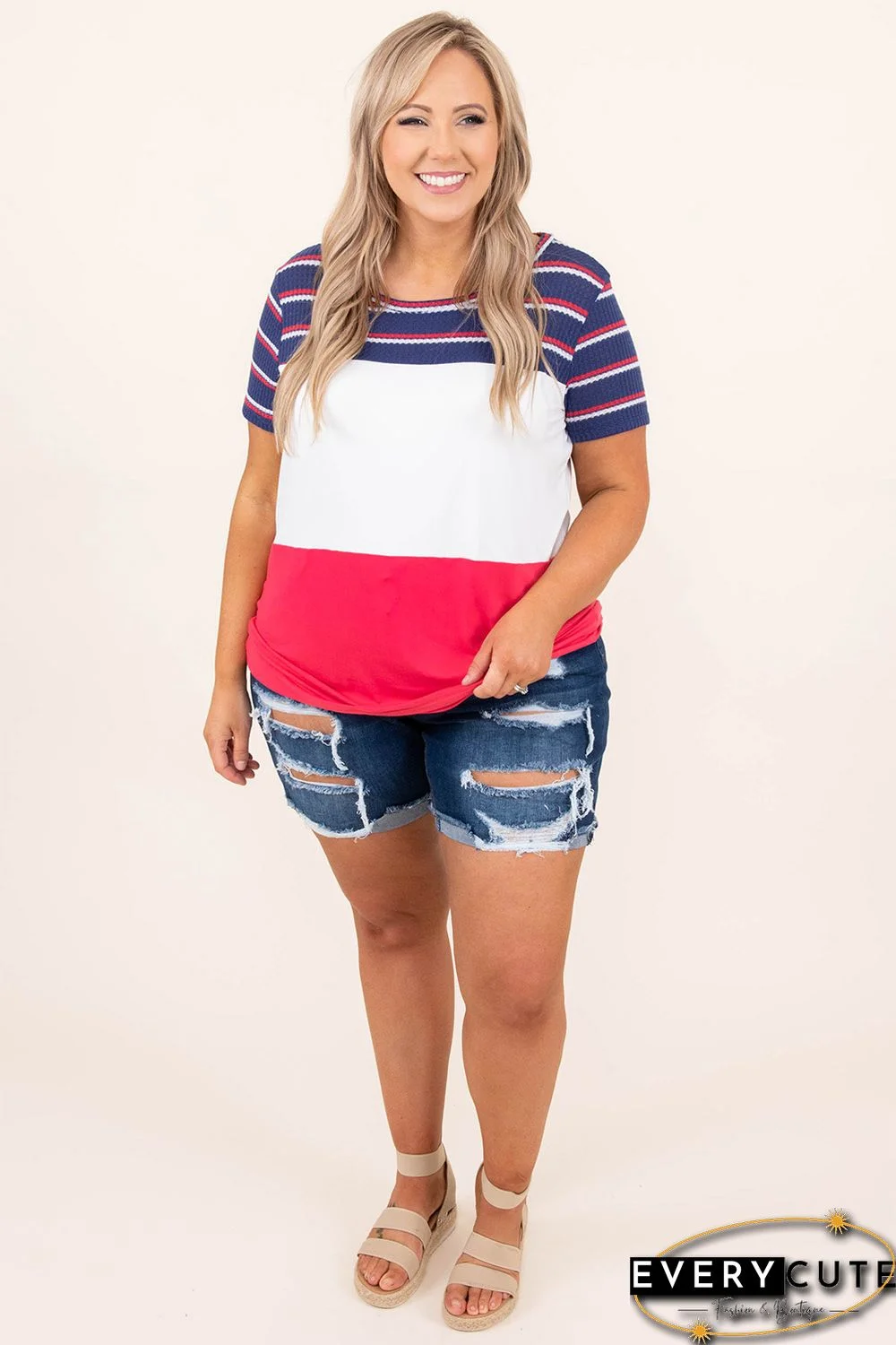 Blue Plus Size Rolled Hem Distressed Denim Shorts