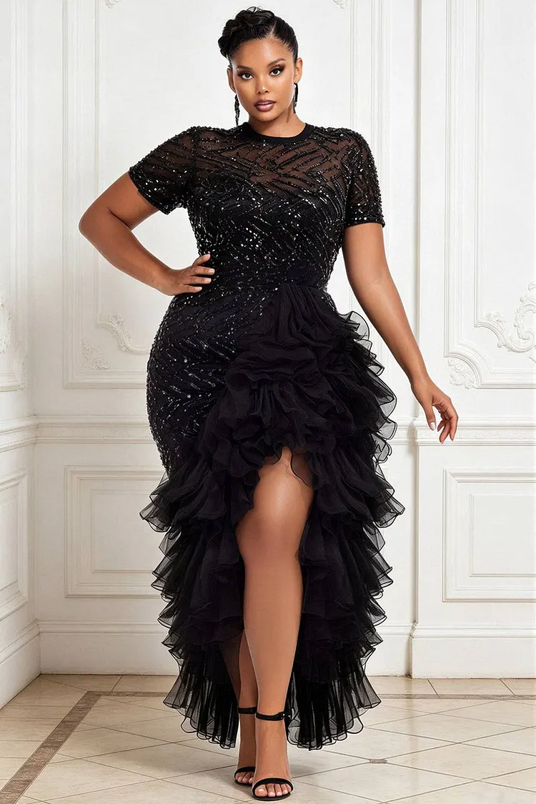 Xpluswear Design Plus Size Cocktail Party Chiffon Black Round Neck Short Sleeve Split Ruffle Sequin Midi Dresses [Pre-Order] 2024 - Xpluswear