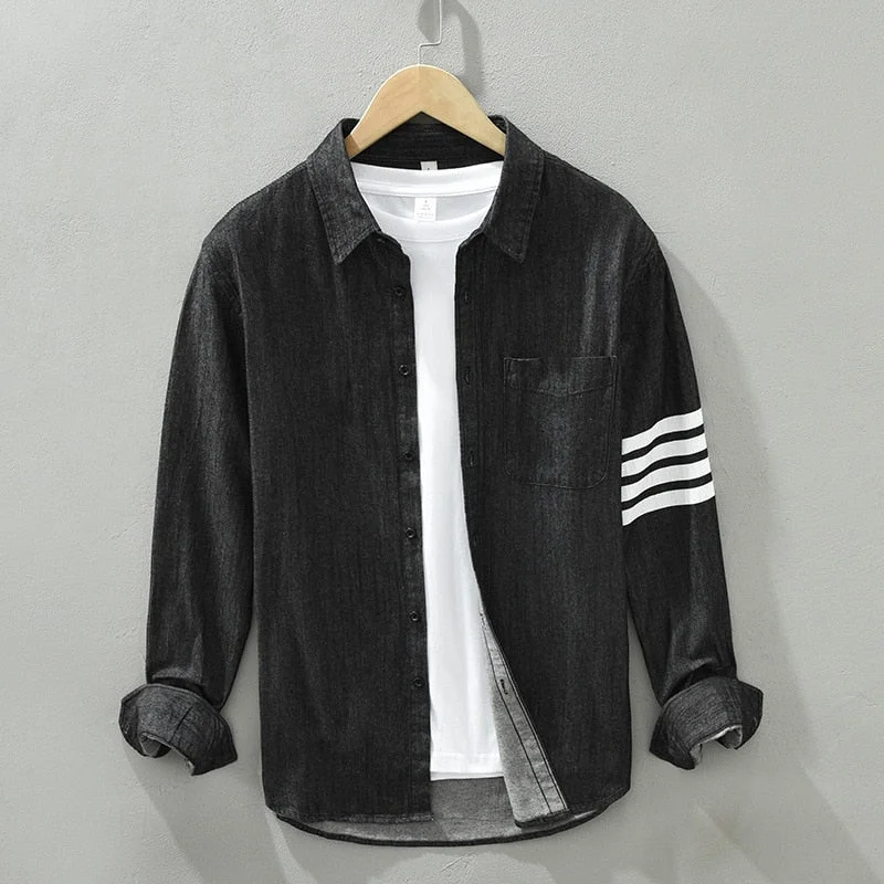 Inongge Long Sleeve Denim Shirt for Men Pure Cotton Casual Cowboy Tops Clothing Male New Fashion Stripes Button Up Shirt