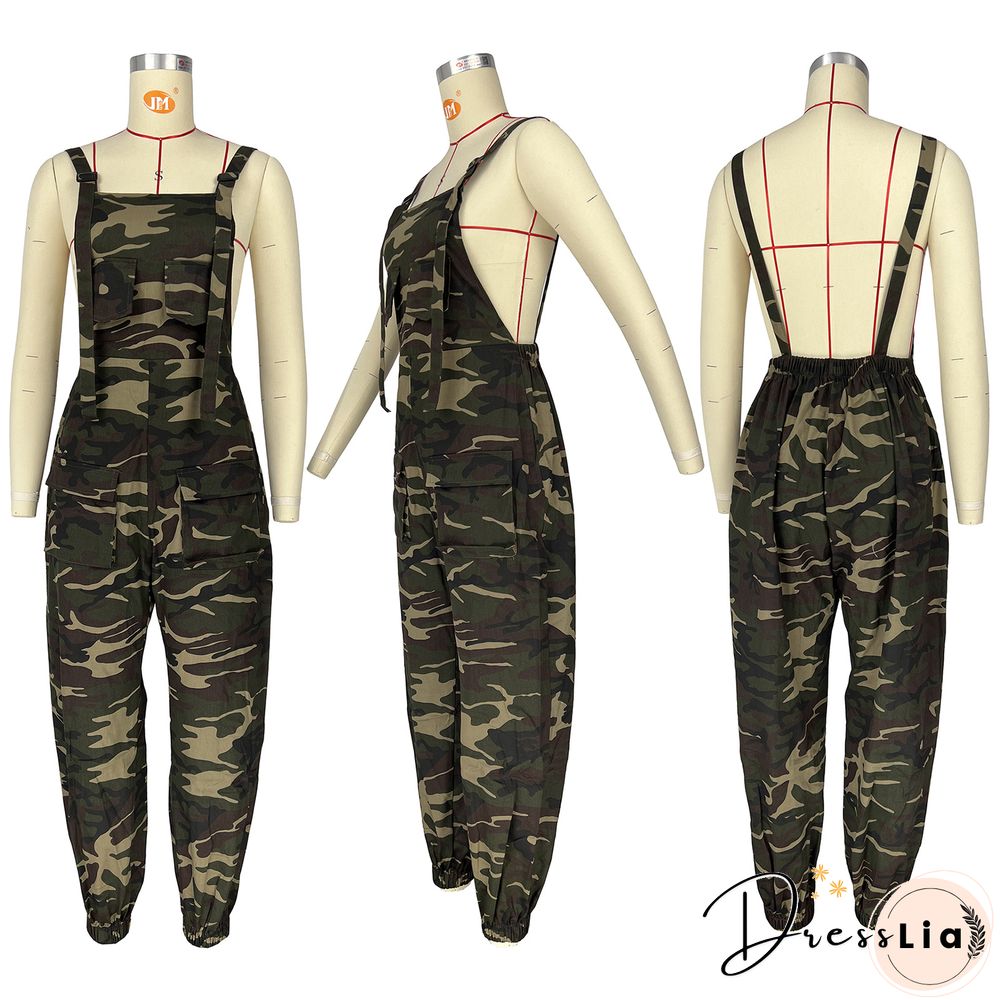 Camo Print High Waist Sleeveless Overalls Jumpsuit