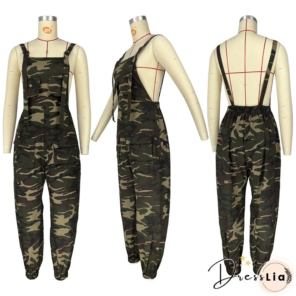 Camo Print High Waist Sleeveless Overalls Jumpsuit