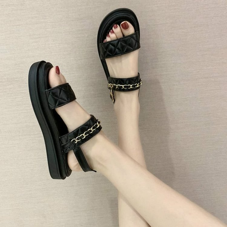 Leisure Summer New Women Sandals Solid Fashion Buckle Strap Back Strap Wedges Word Deduction Chain Med (3cm-5cm) Thick Bottom
