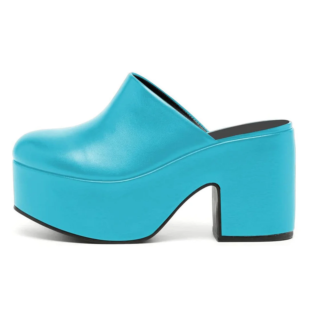 Light Blue Vegan Leather Chunky Heel Round Toe Platform Mules