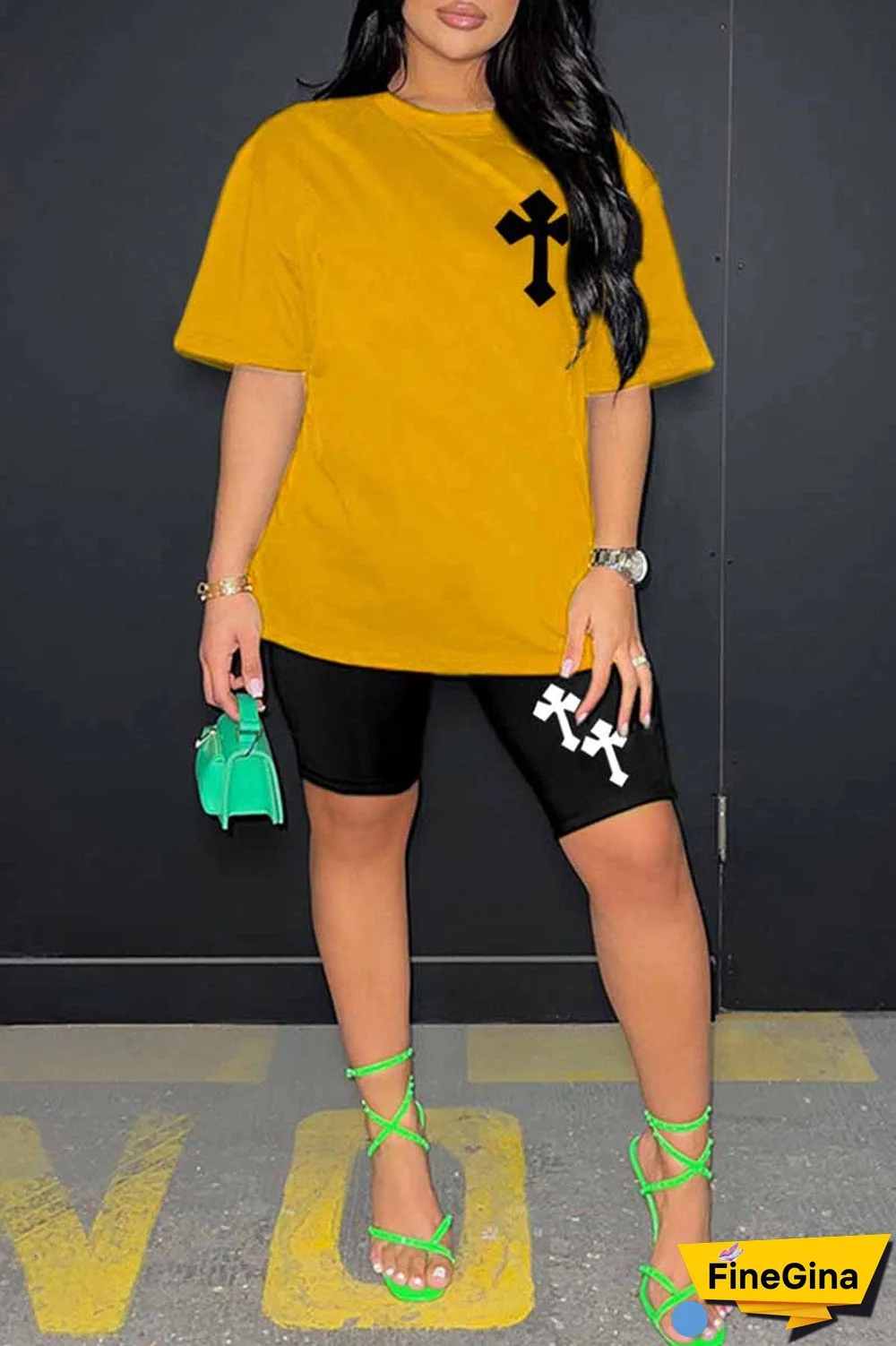 Blue Casual Print Patchwork O Neck Short Sleeve Two Pieces