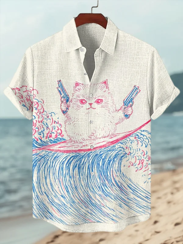 Men's Cool Cat Surfing Art Print Casual Shirt