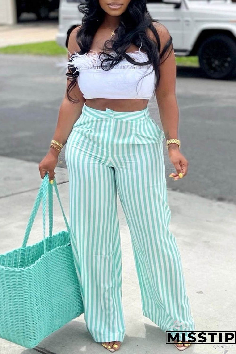 Blue Fashion Casual Striped Print Patchwork Regular High Waist Trousers