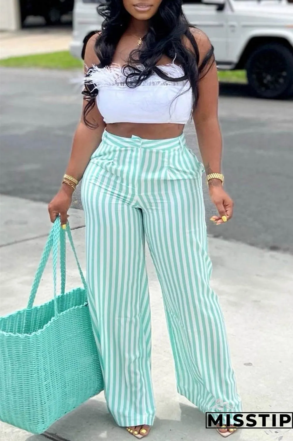 Blue Fashion Casual Striped Print Patchwork Regular High Waist Trousers
