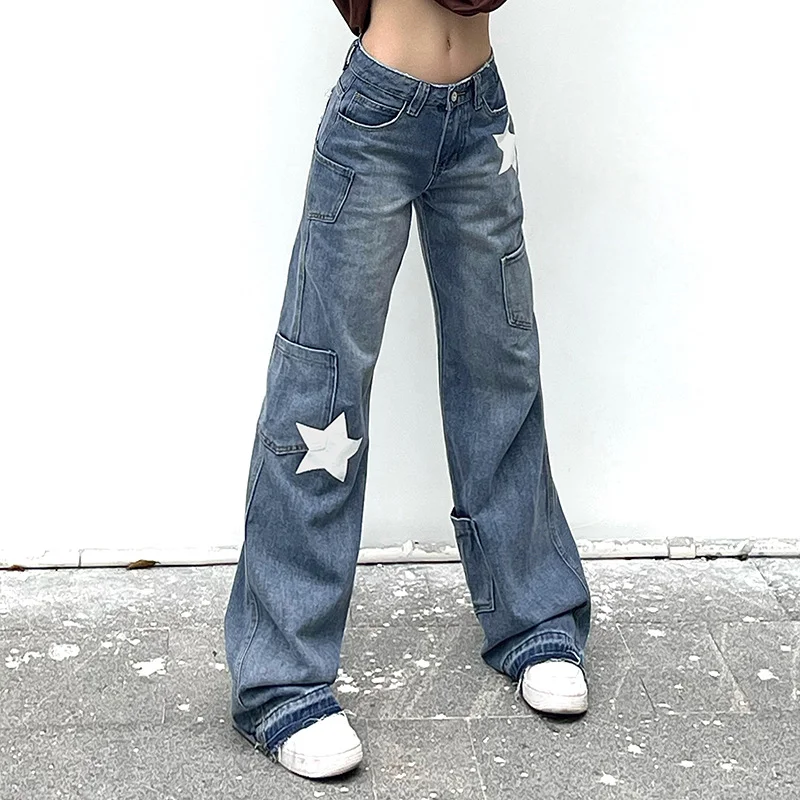 STARS PRINT MULTI POCKETS RAW EDGE JEANS