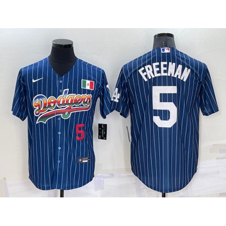 Men's Los Angeles Dodgers #5 Freddie Freeman Navy Mexico Rainbow Cool Base Stitched Baseball Jersey BF0R