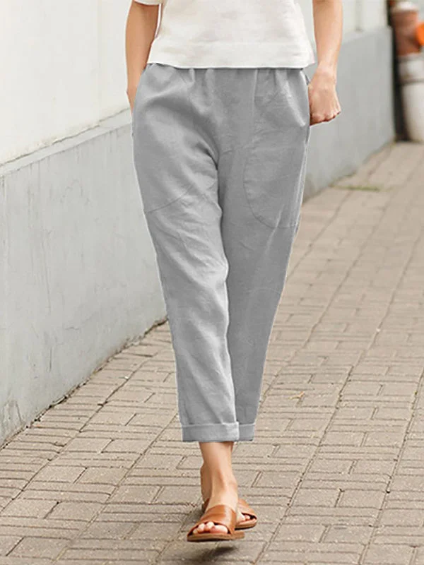 Women's Linen Pure Color Large Pocket Straight Pants