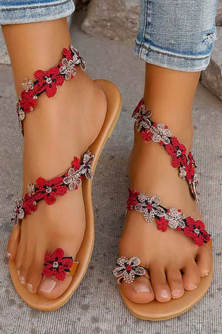 Colorblock Peach Blossom Embroidery Toe Ring Casual Sandals