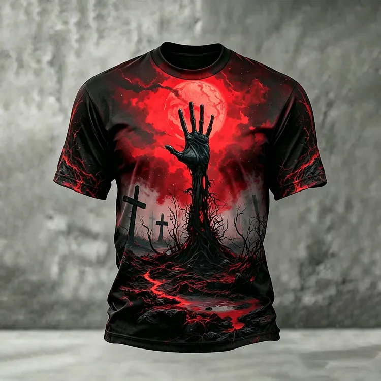 Men's Halloween Retro Cemetery Hand Print Crew Neck Short Sleeve T-shirt