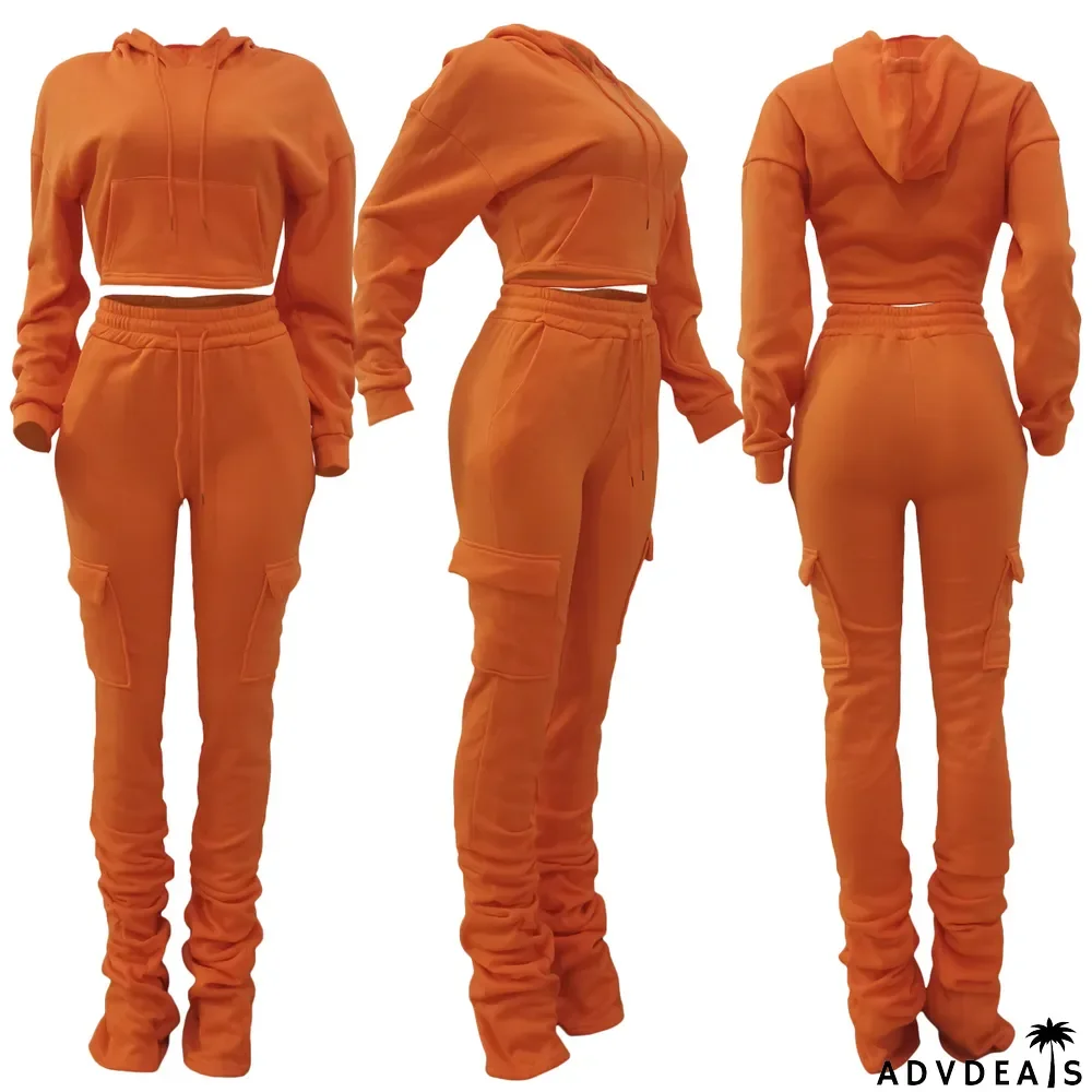 Solid Fleece Hoodie Top Pile Pants Casual Two Piece Sets