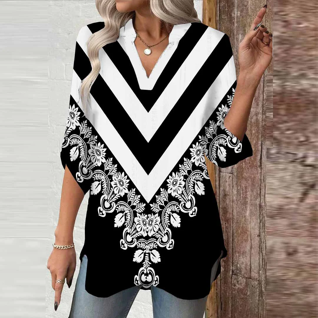 Women Black,Geometric,Stitching DZGA0627 3/4 Sleeve V-neck Printed Graphic Button Tops