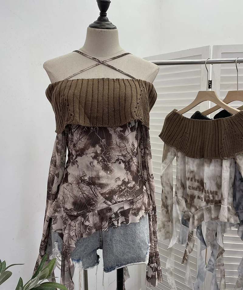 Churchf Real Shot Shoulder Cross Hanging Neck Knitting Mesh Yarn Coat Irregular Ribbon Horn Long-Sleeved T-Shirt 1101