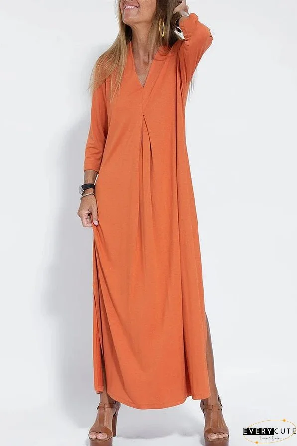 Women Casual V Neck Solid Color Maxi Dress