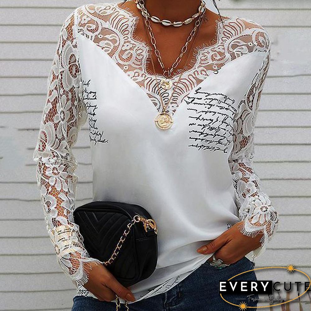 Lace Shoulder Long Sleeve White Top