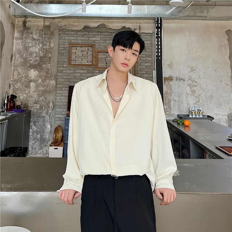 Trendy Korean Version Minimalist And Versatile Stripes Silky Loose Casual Long-sleeved Shirts-dark style-men's clothing-halloween