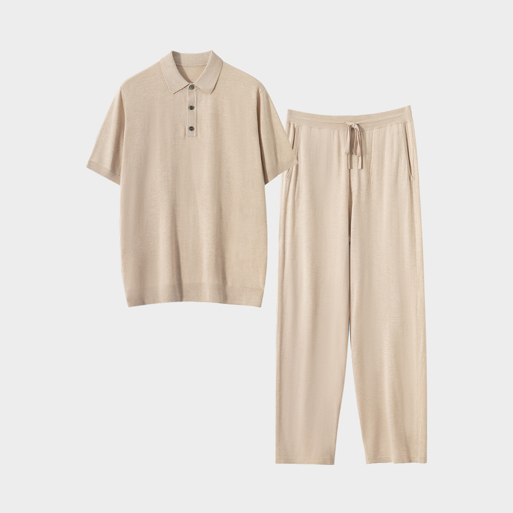 Men's Khaki Cashmere Knitted Polo Shirt and Pants Set | Casual Outfit REAL SILK LIFE