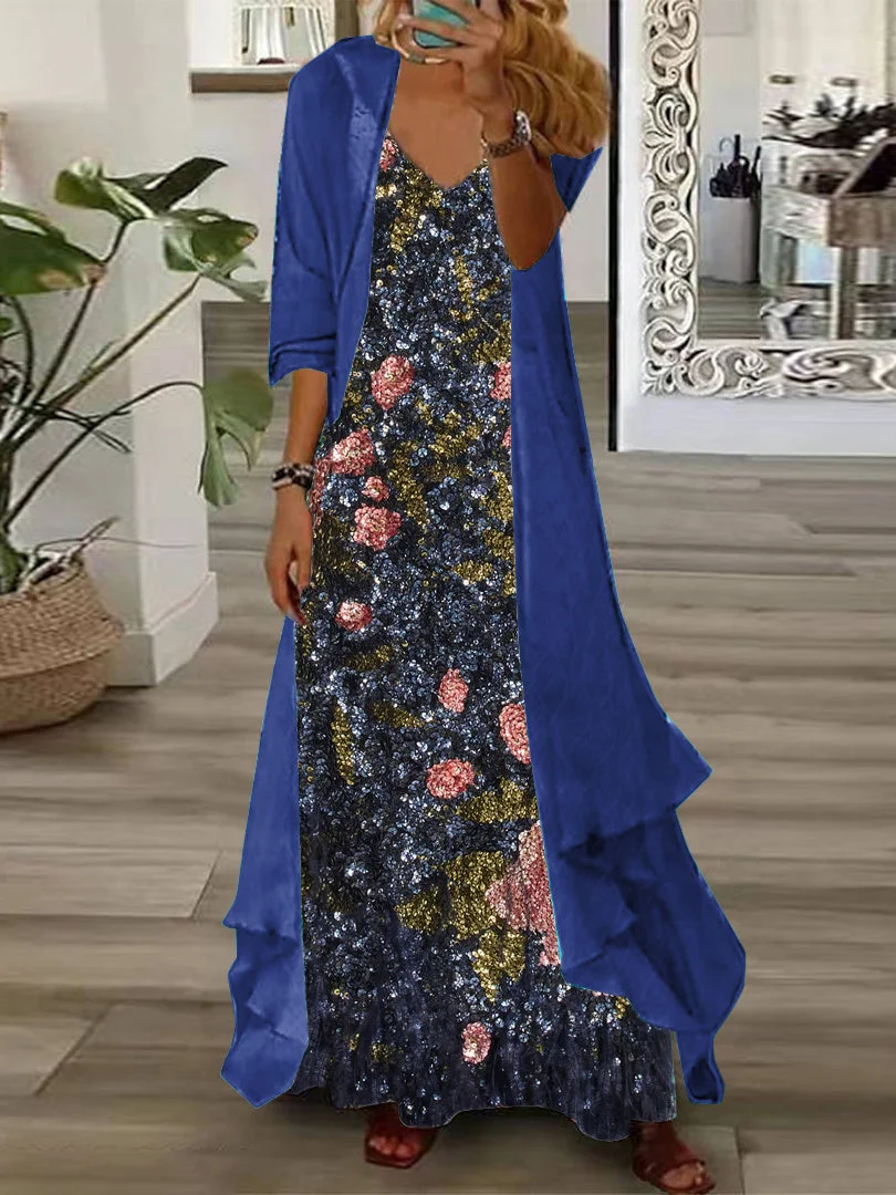 Women's Long Sleeve V-neck Floral Printed Two Pieces Maxi Dress