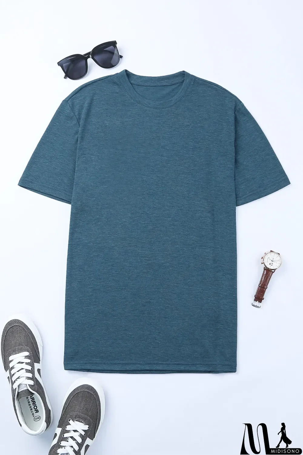 MidiSono - Blue Solid Basic Crewneck Short Sleeve Men's T-shirt