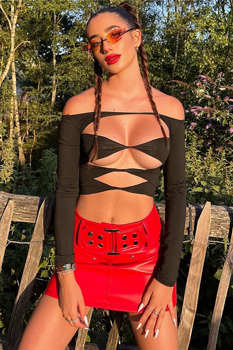 Front Cut Out Boat Neck Long Sleeve Crop Top