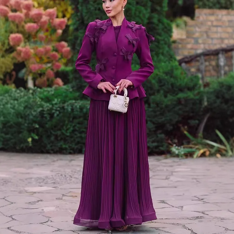 Black Butterfly Coat Pleated Dress Suit
