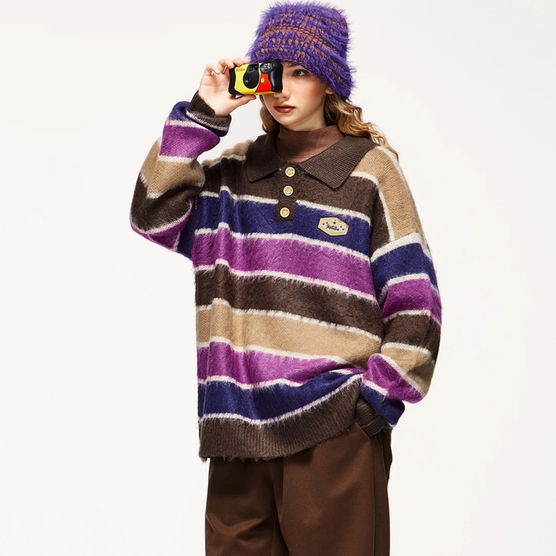 Colorful striped lapel sweater