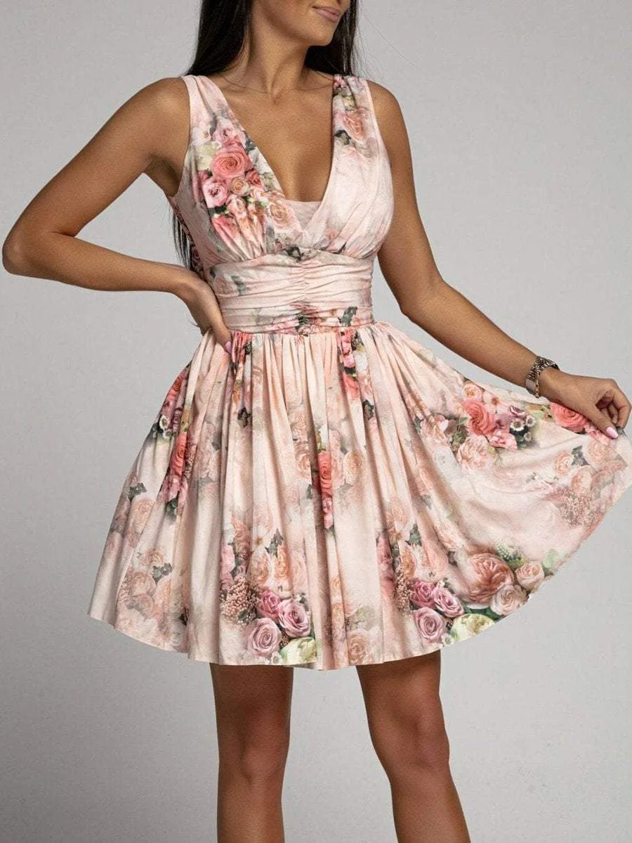 Sexy deep V high waist backless floral dress