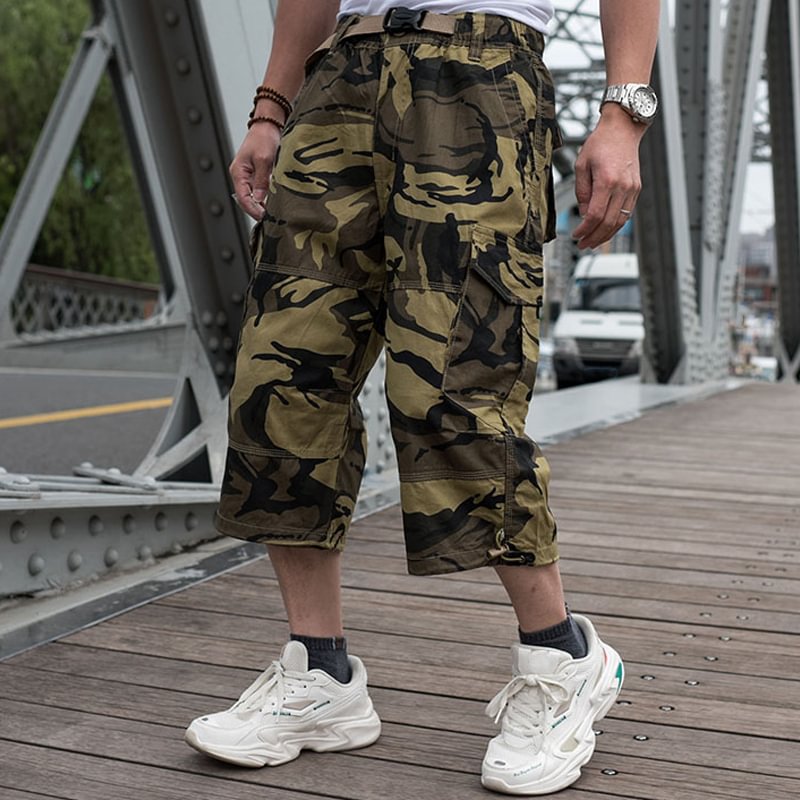 Men's Loose Multi-pocket Camouflage Overalls Cotton 7-point Pants