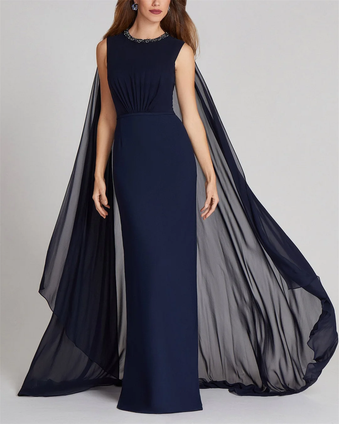 Women's Dark Blue V-neck Chiffon Shawl Dress