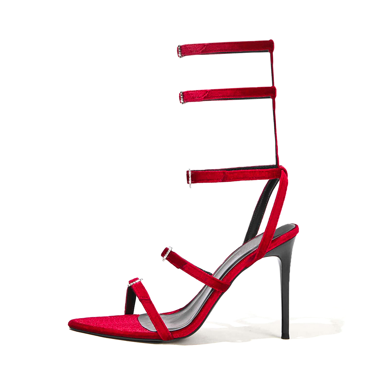 Stylish Red Velvet Multi-Strap Stiletto Heeled Sandals with Buckles Nicepairs