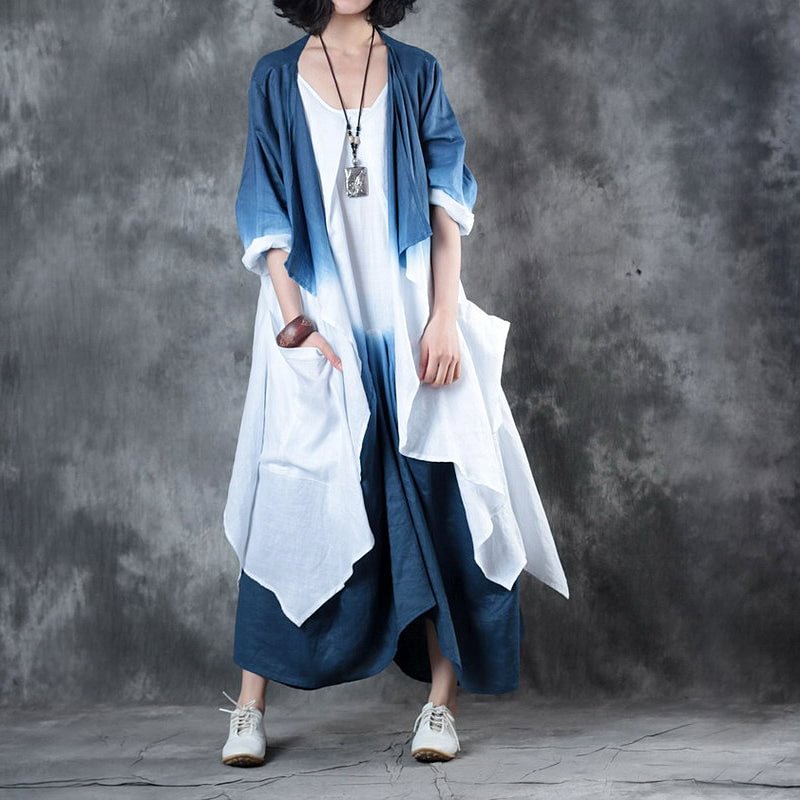 DIY Blue White Retro Loose Gradient color Fall Asymmetrical design 2 Piece Outfit Long Sleeve CK1230- Fabulory
