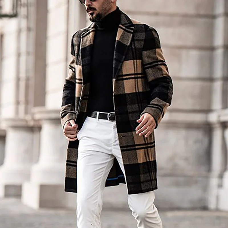 Men's plaid mid-length slim-fit lapel single-breasted woolen coat