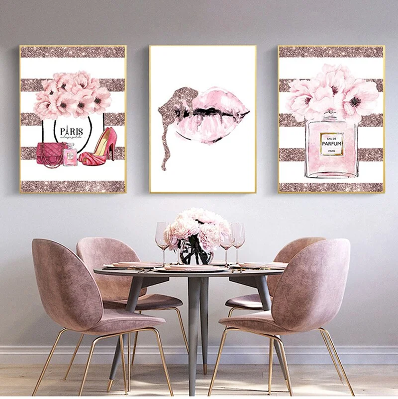Pink Flower Perfume Fashion Poster Eyelash Lips Makeup Print Canvas Art Painting Wall Picture Modern Girl Room Home Decoration