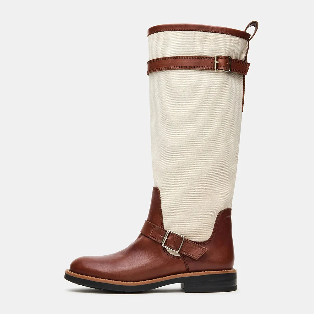 Ivory & Brown Round Toe Buckle Patchwork Wide Calf Knee High Boots