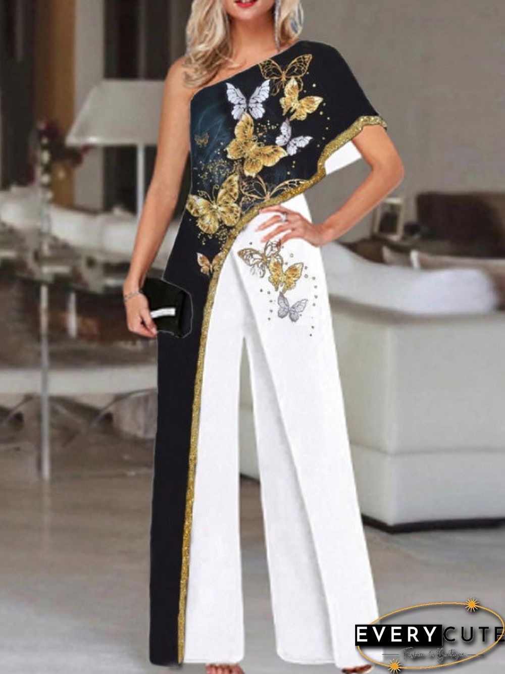 Women'S Jumpsuits Loose Printed One Shoulder Irregular Jumpsuit