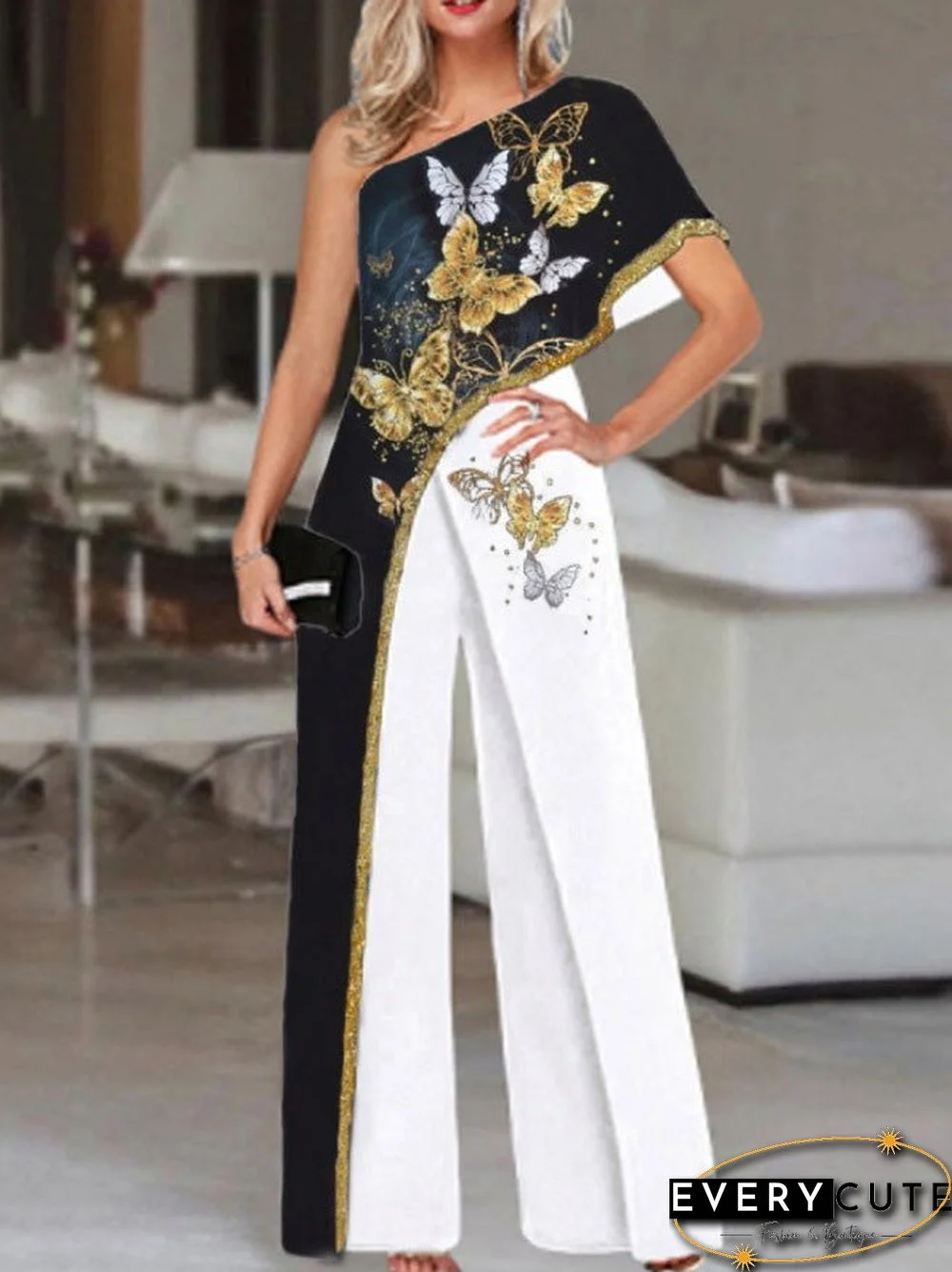 Women'S Jumpsuits Loose Printed One Shoulder Irregular Jumpsuit