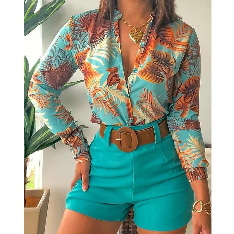 CM.YAYA Beach Holiday Women's Tracksuit Floral Leaf Long Sleeve Shirt and Shorts Matching Two 2 Piece Set Outftis Sweatsuit