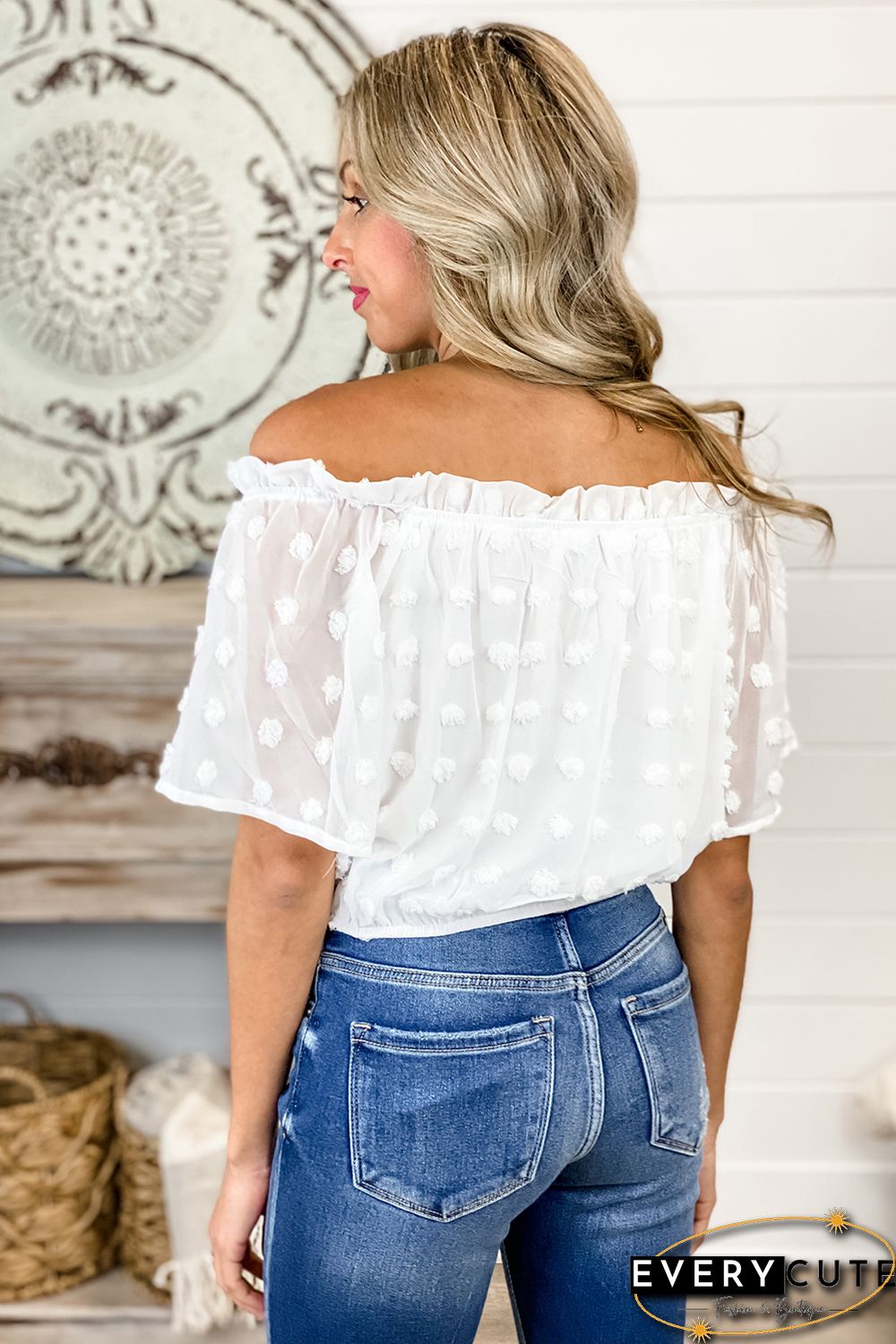 White Off The Shoulder Swiss Dot Crop Blouse