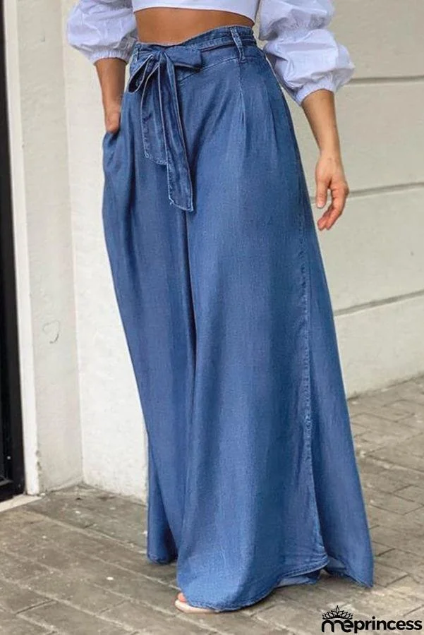 Tie Waist Pleated Side Pocket Wide Leg Jeans