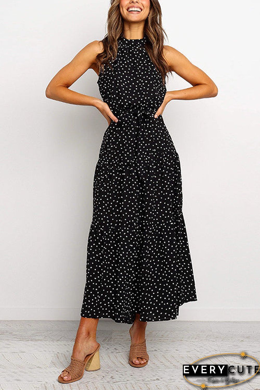 Print Belted Sleevelss Maxi Dress