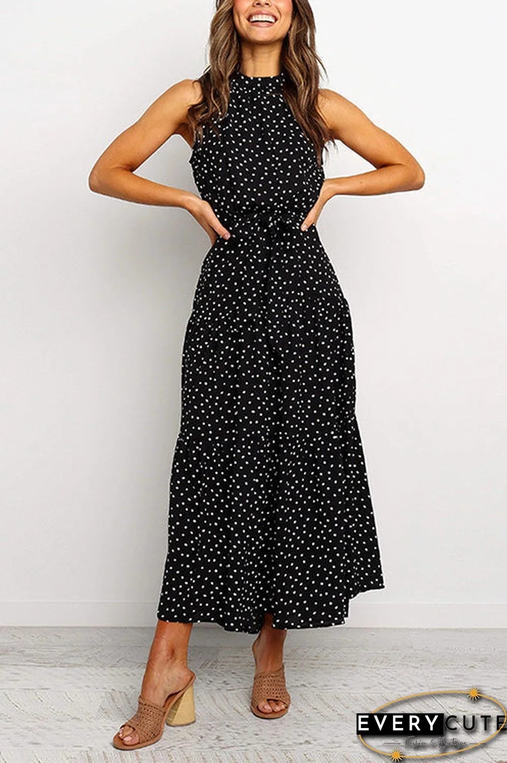 Print Belted Sleevelss Maxi Dress