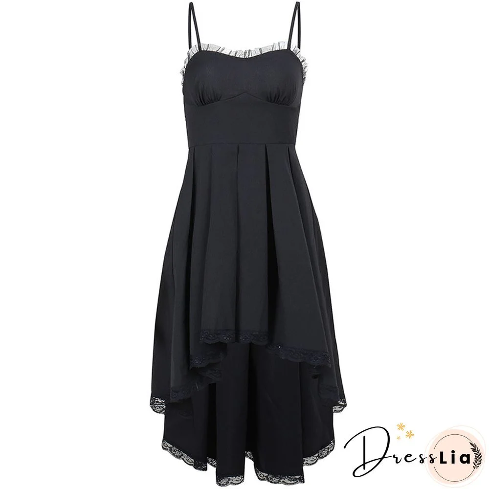 Goth Dresses Punk Gothic Style Women Lace Trim Spaghetti Strap Sleeveless Asymmetrical Hem A Line Dress Y2k Clothes