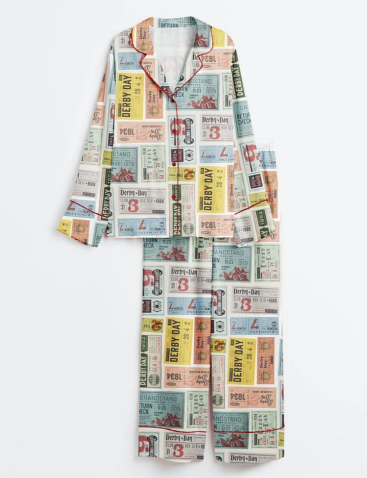 Women&rsquo;s Western Kentucky Derby Day Vintage Tickets 151st Run For The Horse&nbsp;Print Long Sleeve Satin Pajama Set