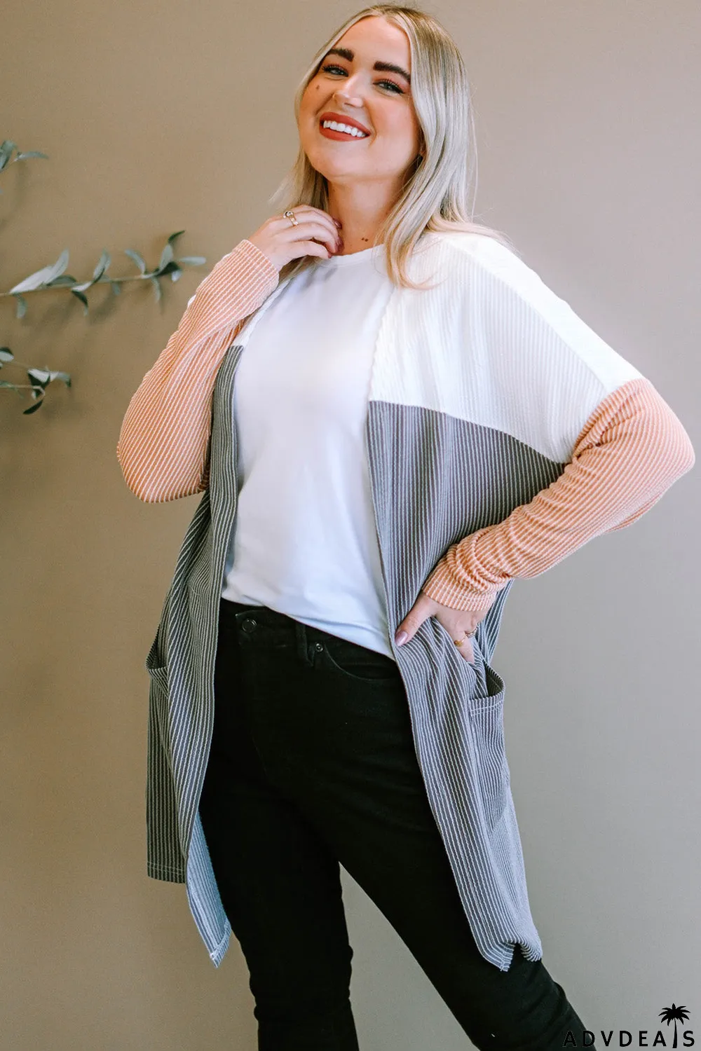 Gray Corded Colorblock Open Front Cardigan